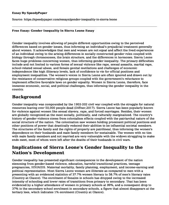 Free Essay: Gender Inequality in Sierra Leone