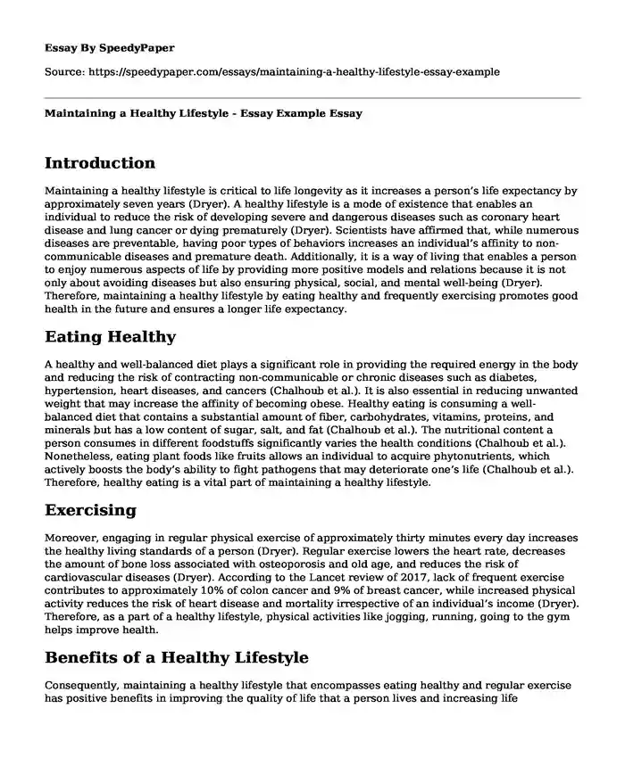 Maintaining a Healthy Lifestyle - Essay Example