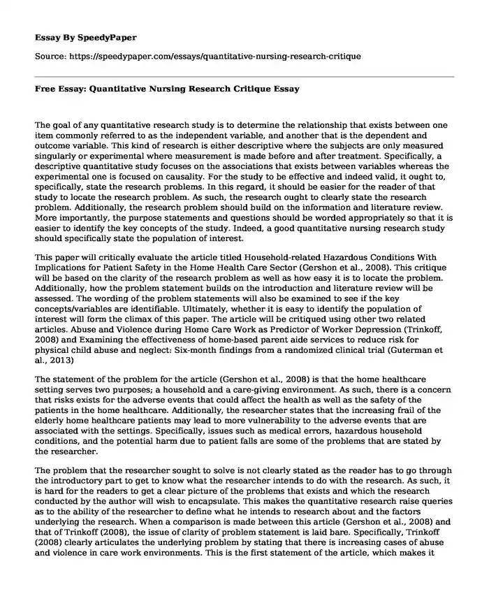 Free Essay: Quantitative Nursing Research Critique