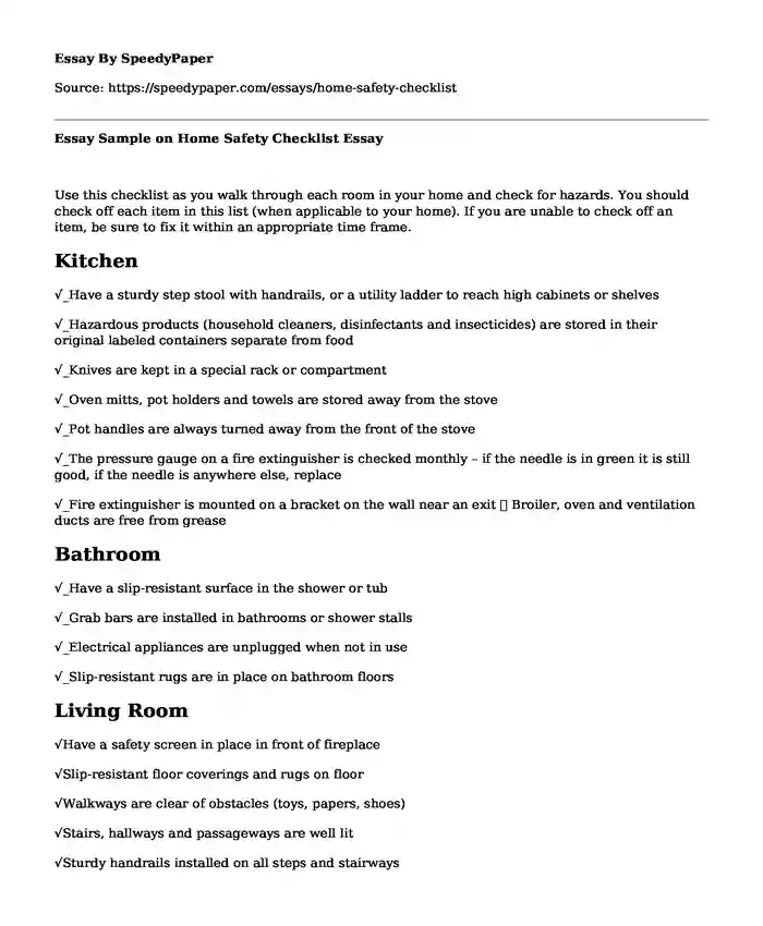 Essay Sample on Home Safety Checklist
