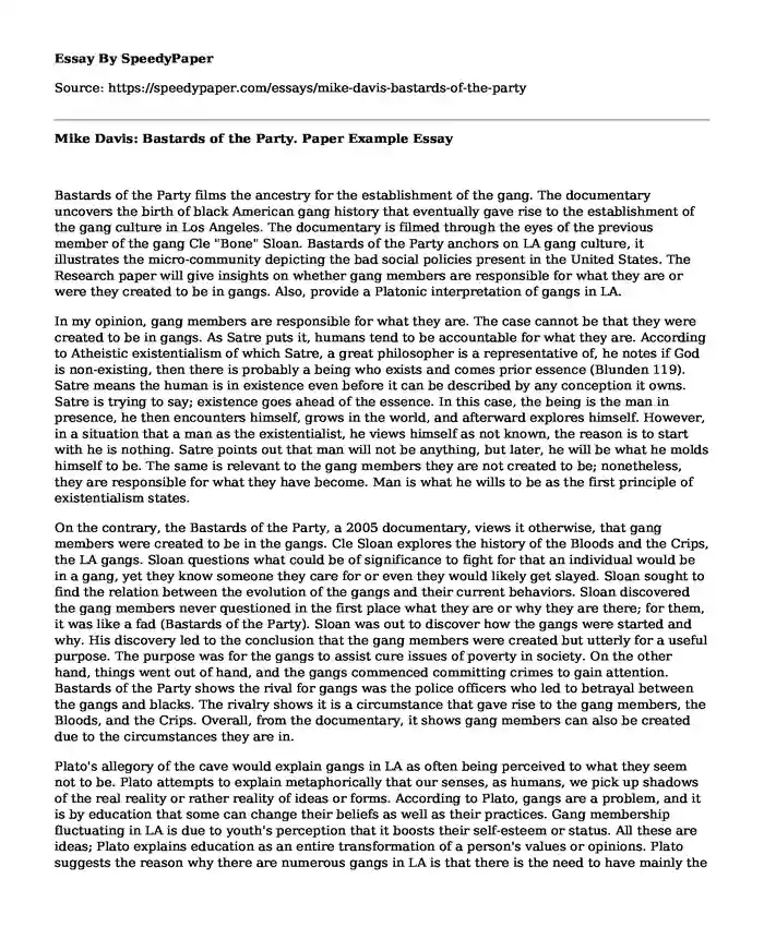 Mike Davis: Bastards of the Party. Paper Example