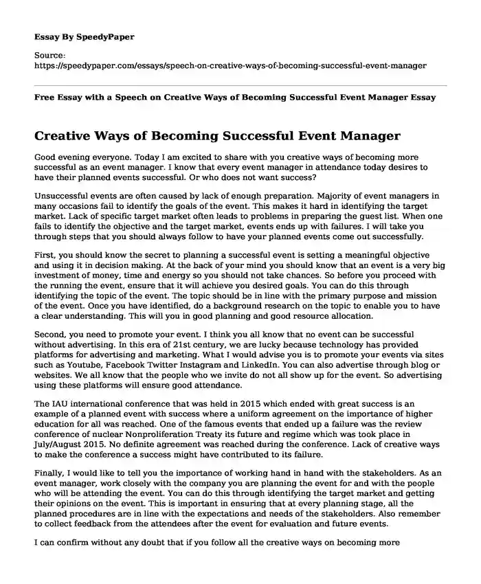 Free Essay with a Speech on Creative Ways of Becoming Successful Event Manager