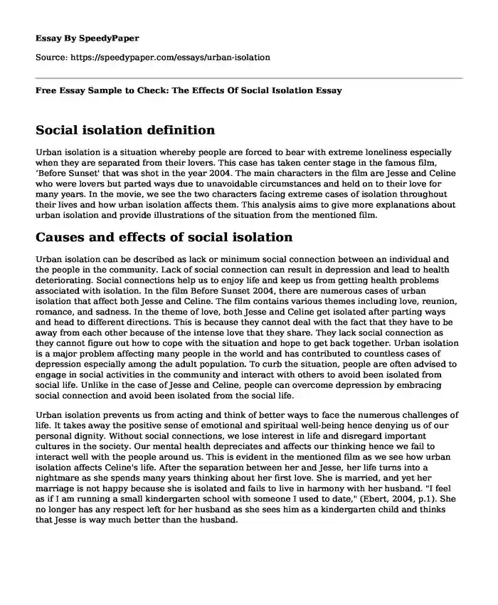 Free Essay Sample to Check: The Effects Of Social Isolation