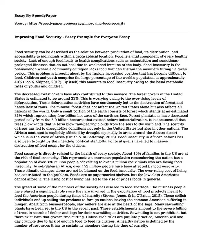 Improving Food Security - Essay Example for Everyone