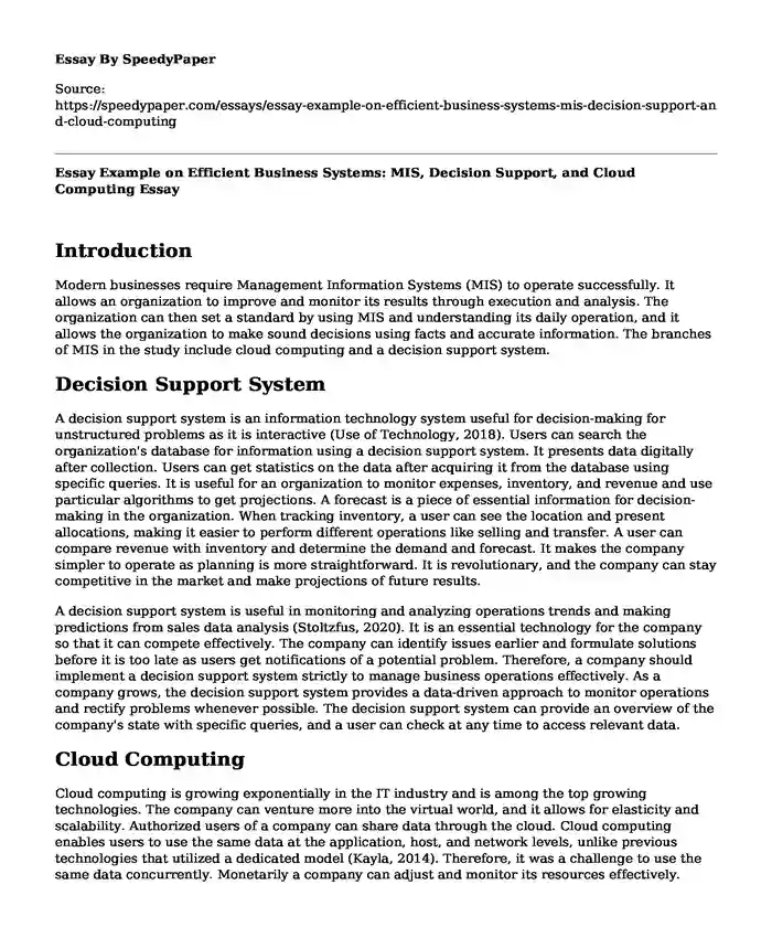 Essay Example on Efficient Business Systems: MIS, Decision Support, and Cloud Computing