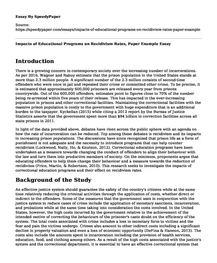 Impacts of Educational Programs on Recidivism Rates, Paper Example