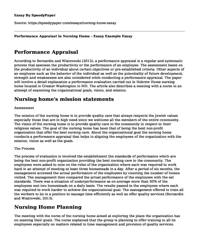 Performance Appraisal in Nursing Home - Essay Example