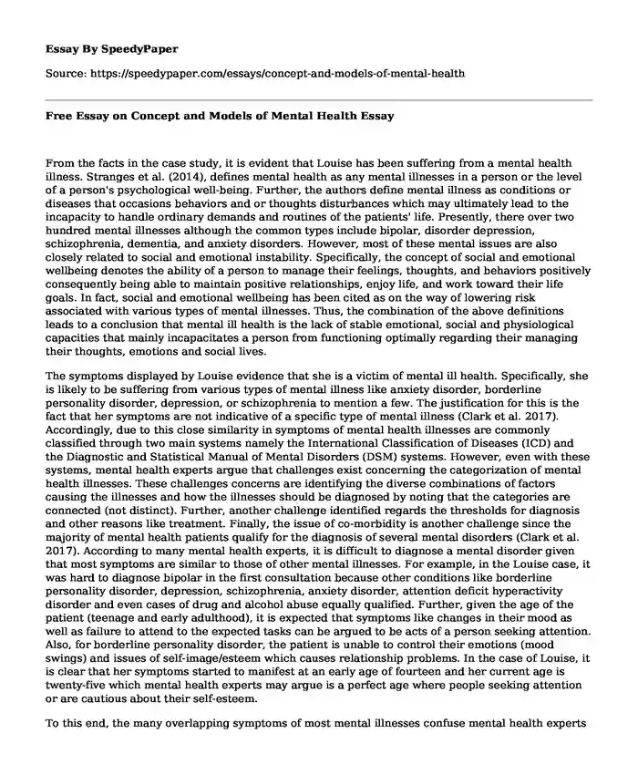 Free Essay on Concept and Models of Mental Health