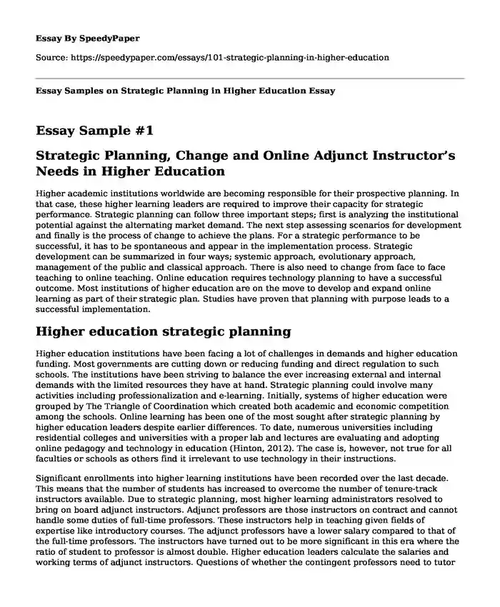 Essay Samples on Strategic Planning in Higher Education