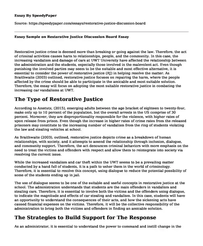 Essay Sample on Restorative Justice Discussion Board