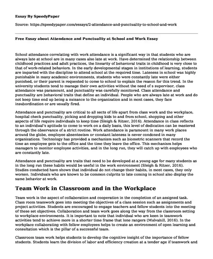 Free Essay about Attendance and Punctuality at School and Work