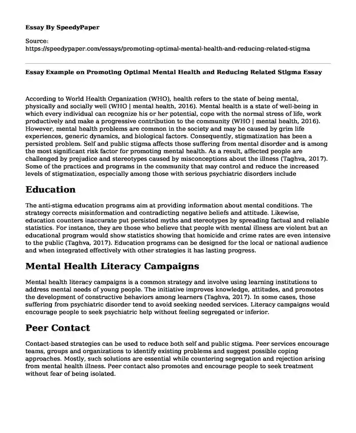 Essay Example on Promoting Optimal Mental Health and Reducing Related Stigma