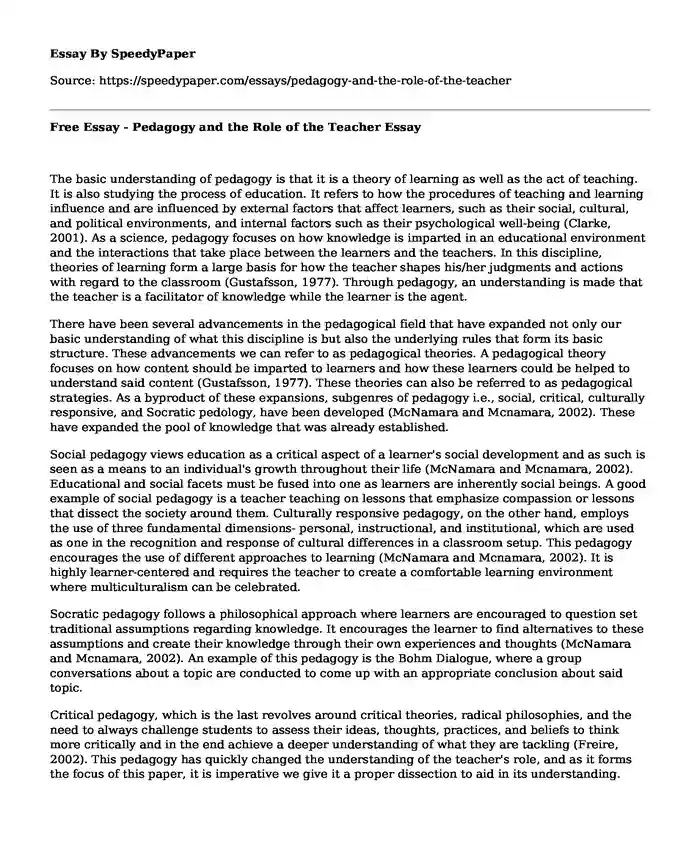 Free Essay - Pedagogy and the Role of the Teacher