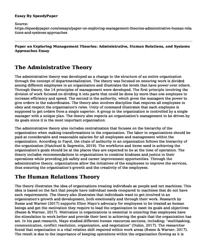 Paper on Exploring Management Theories: Administrative, Human Relations, and Systems Approaches