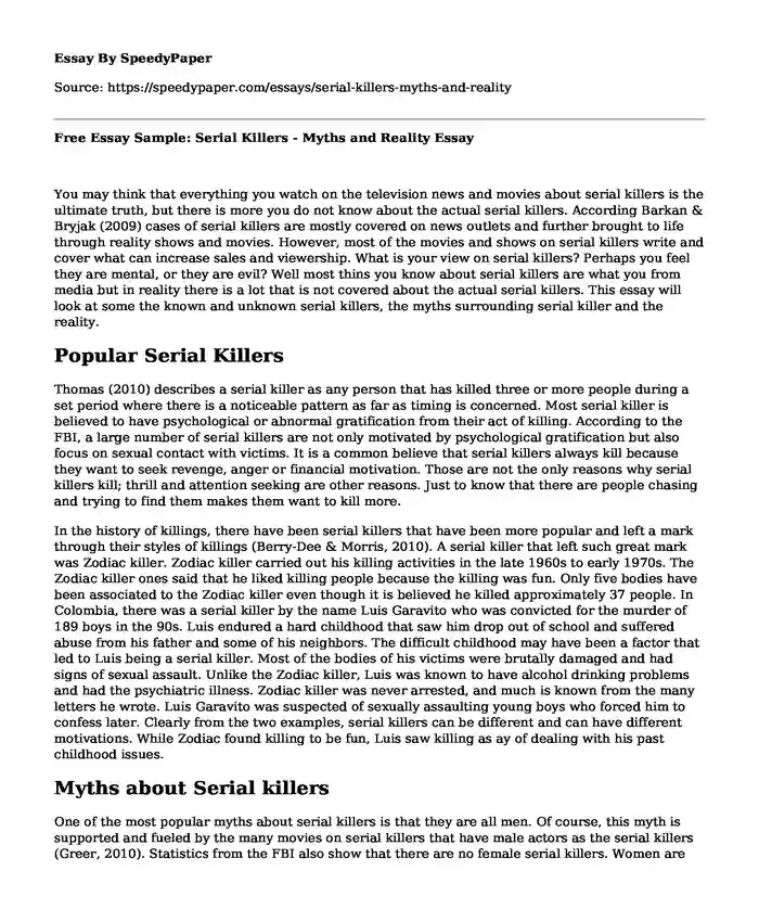 Free Essay Sample: Serial Killers - Myths and Reality
