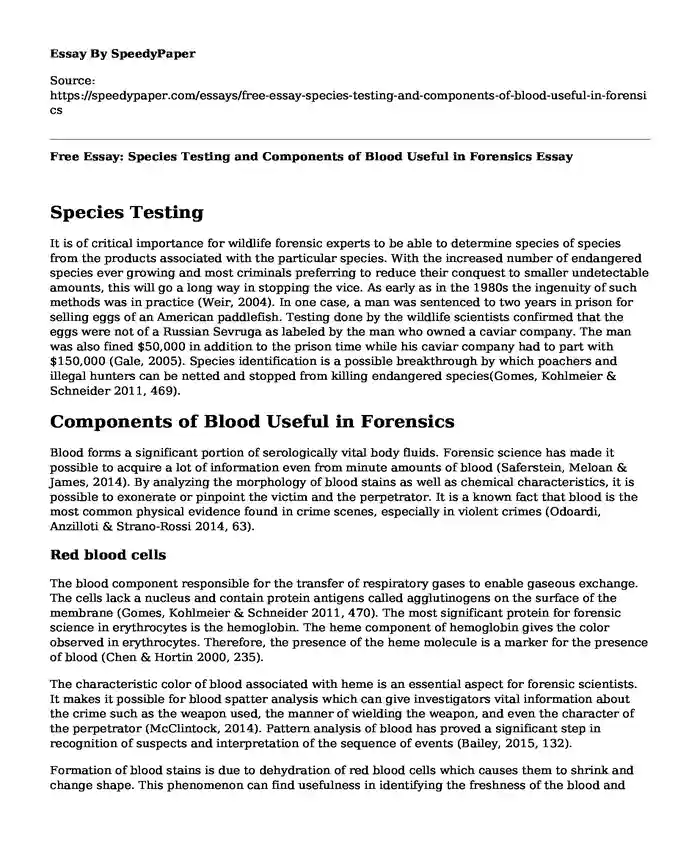 Free Essay: Species Testing and Components of Blood Useful in Forensics