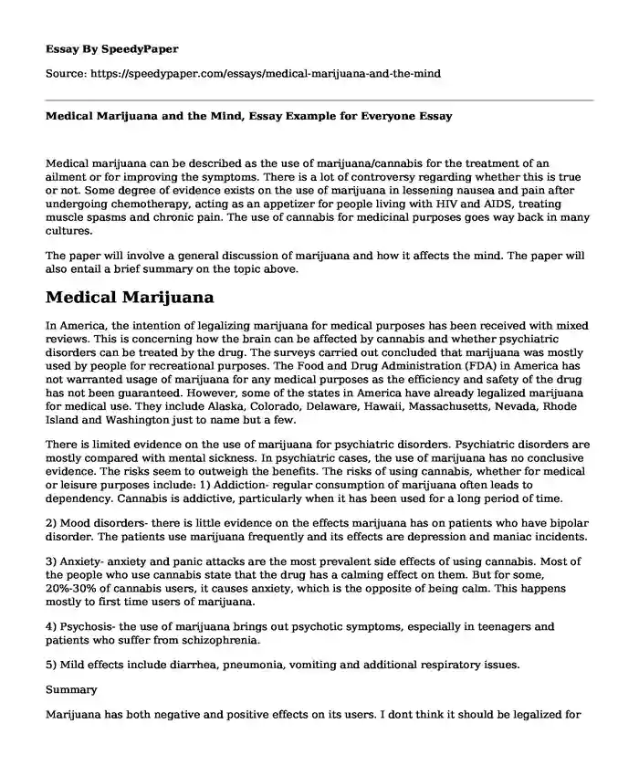 Medical Marijuana and the Mind, Essay Example for Everyone