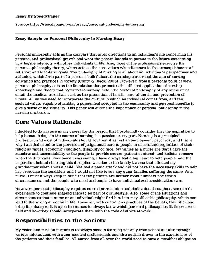 Essay Sample on Personal Philosophy in Nursing