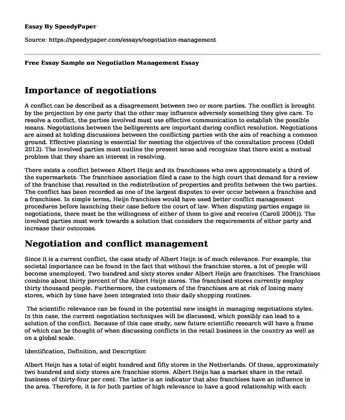 Free Essay Sample on Negotiation Management