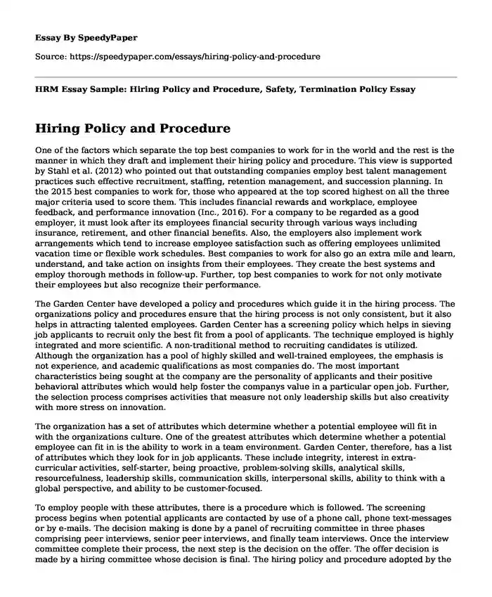 HRM Essay Sample: Hiring Policy and Procedure, Safety, Termination Policy
