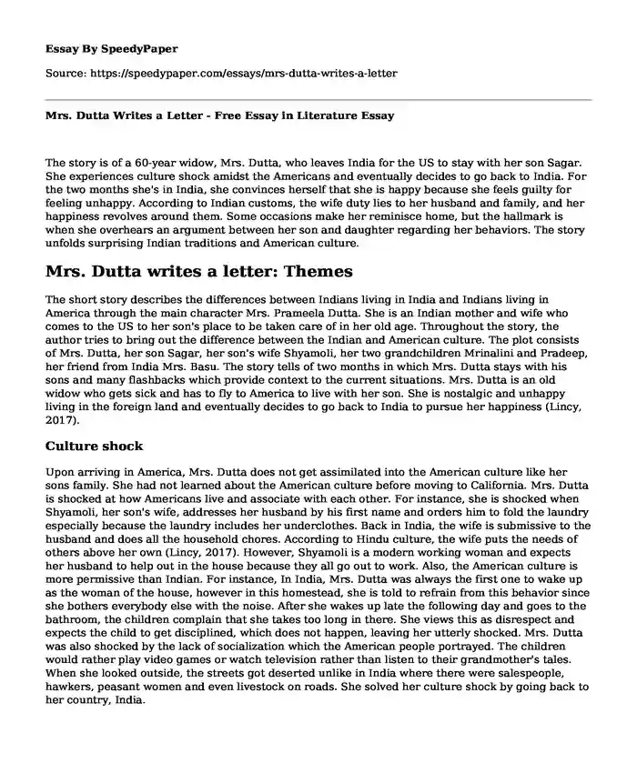 Mrs. Dutta Writes a Letter - Free Essay in Literature