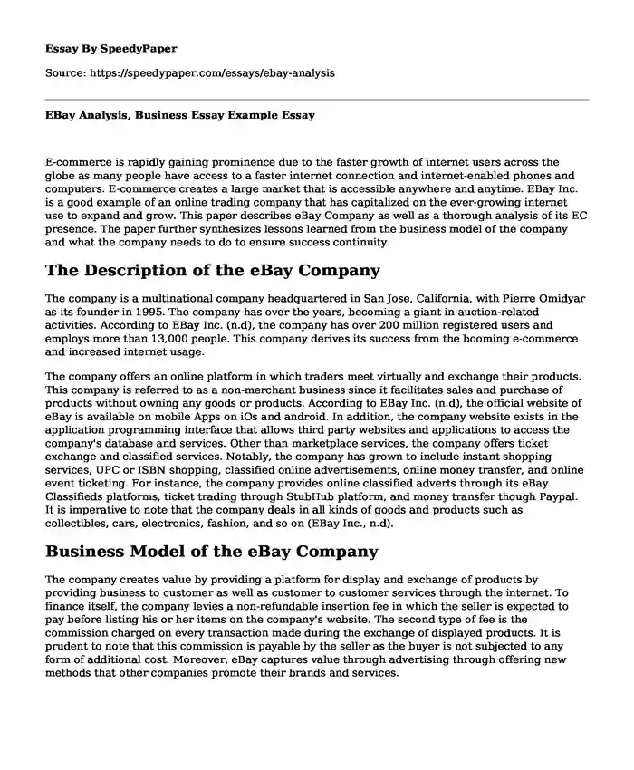 EBay Analysis, Business Essay Example