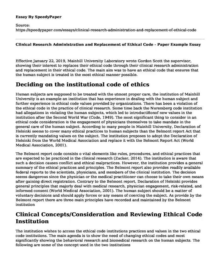 Clinical Research Administration and Replacement of Ethical Code - Paper Example