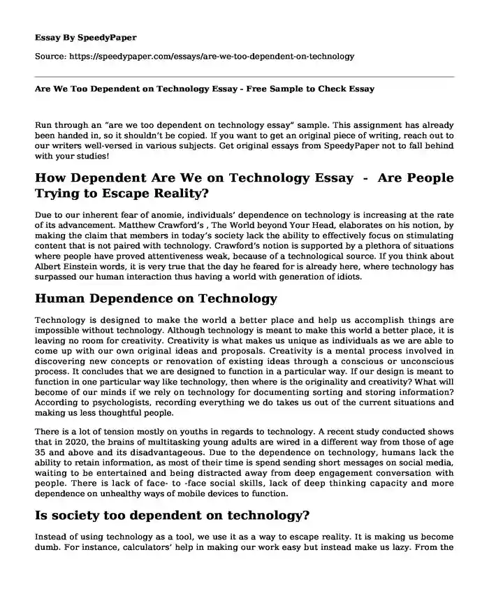 Are We Too Dependent on Technology Essay - Free Sample to Check