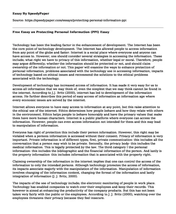 Free Essay on Protecting Personal Information (PPI)