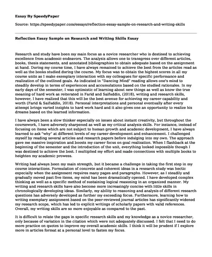 Reflection Essay Sample on Research and Writing Skills