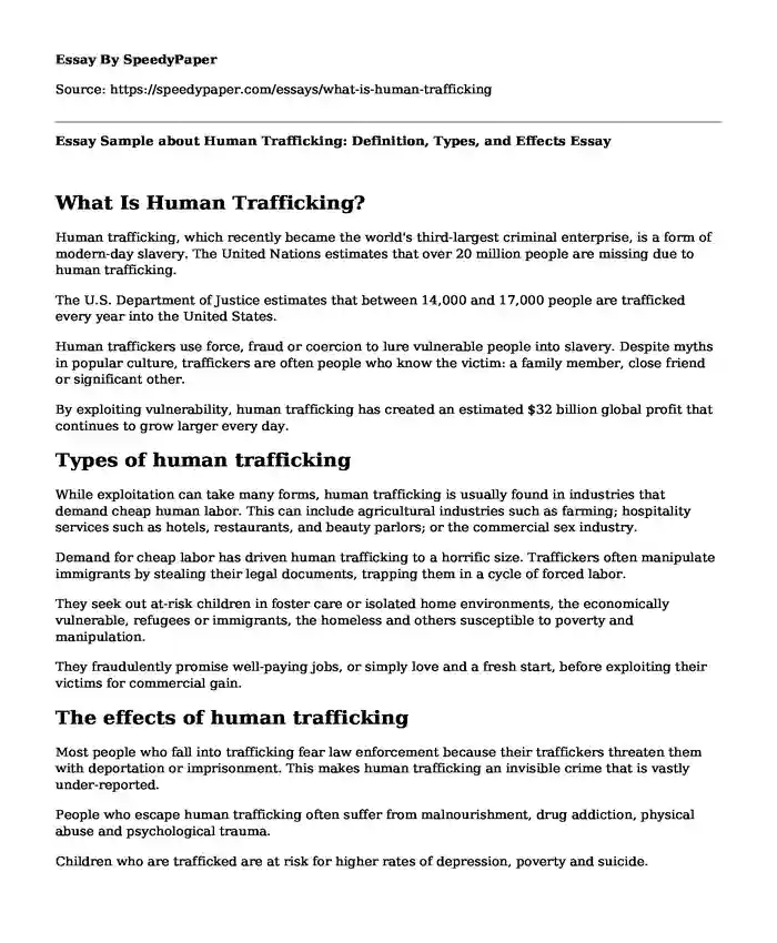 Essay Sample about Human Trafficking: Definition, Types, and Effects