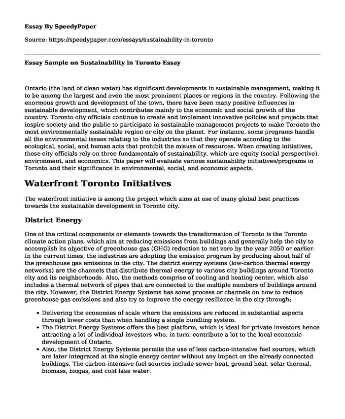Essay Sample on Sustainability in Toronto