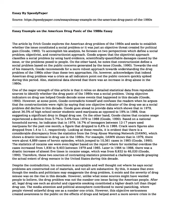 Essay Example on the American Drug Panic of the 1980s