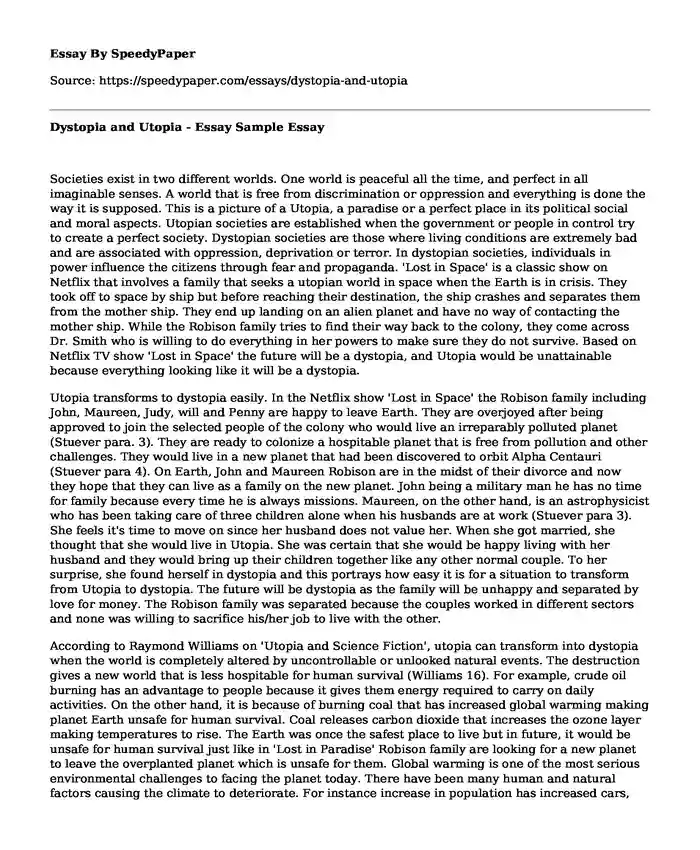 Dystopia and Utopia - Essay Sample