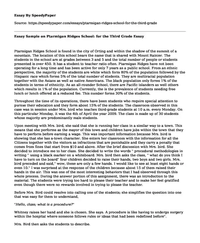 Essay Sample on Ptarmigan Ridges School: for the Third Grade
