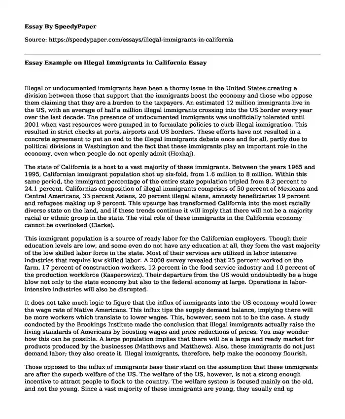 Essay Example on Illegal Immigrants in California