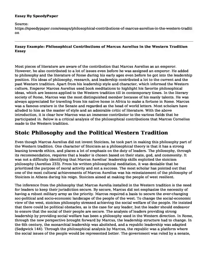 Essay Example: Philosophical Contributions of Marcus Aurelius in the Western Tradition