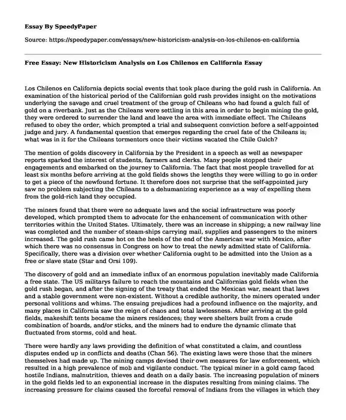 Free Essay: New Historicism Analysis on Los Chilenos en California