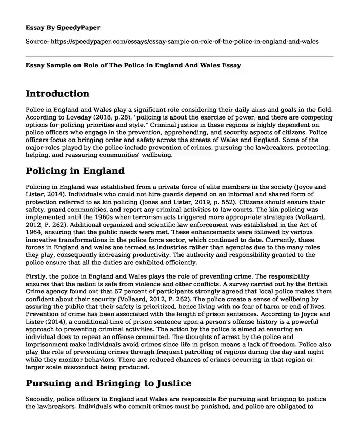 Essay Sample on Role of The Police in England And Wales