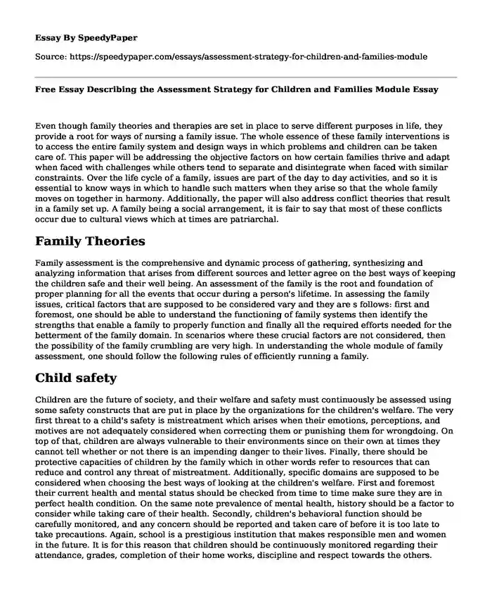 Free Essay Describing the Assessment Strategy for Children and Families Module