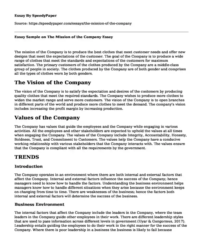 Essay Sample on The Mission of the Company