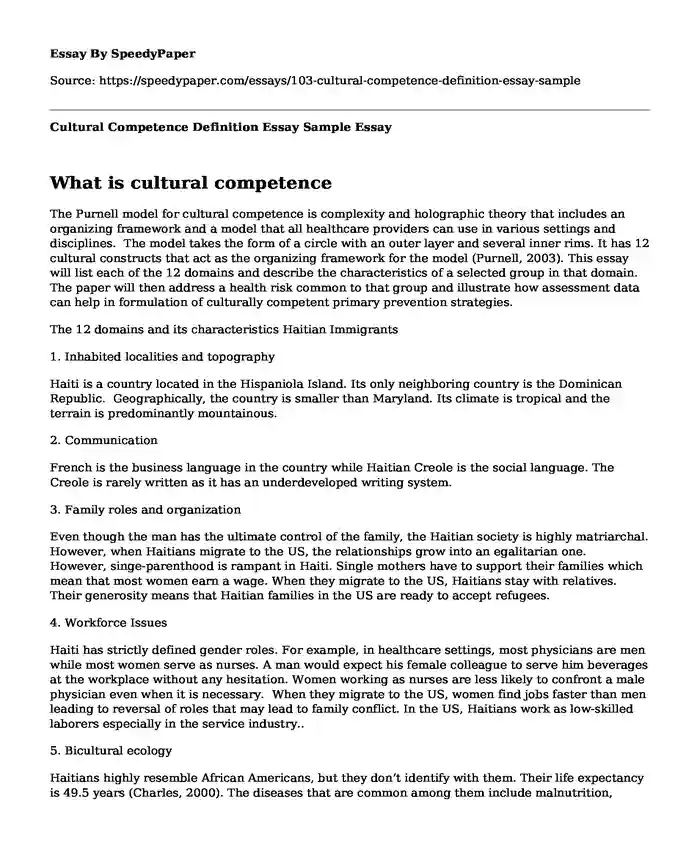 Cultural Competence Definition Essay Sample