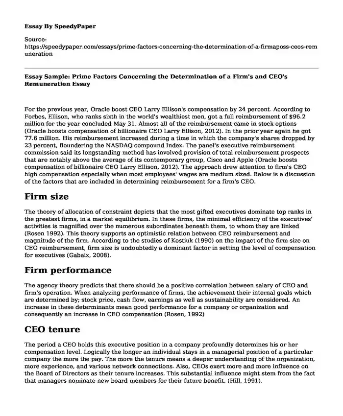 Essay Sample: Prime Factors Concerning the Determination of a Firm's and CEO's Remuneration