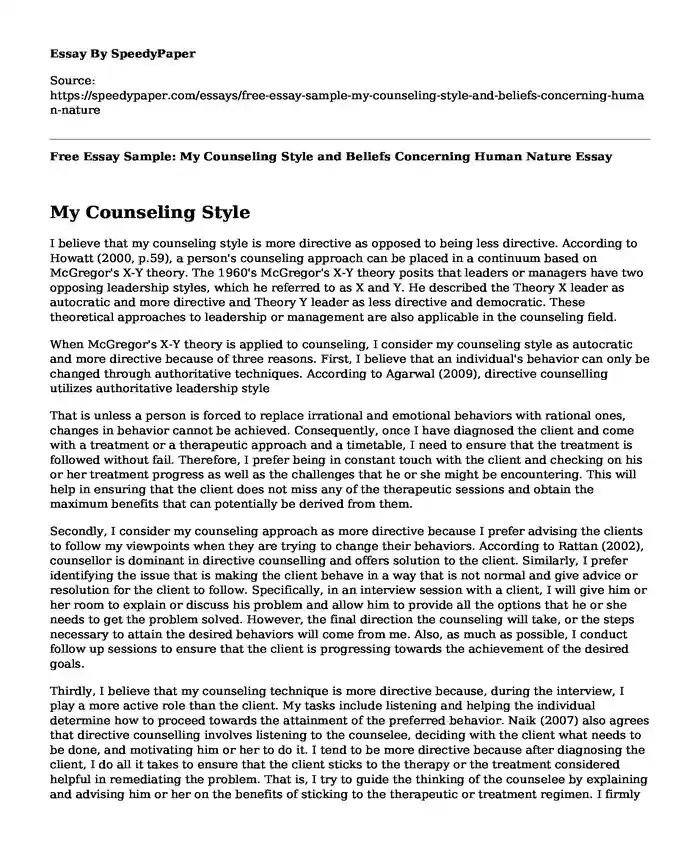 Free Essay Sample: My Counseling Style and Beliefs Concerning Human Nature