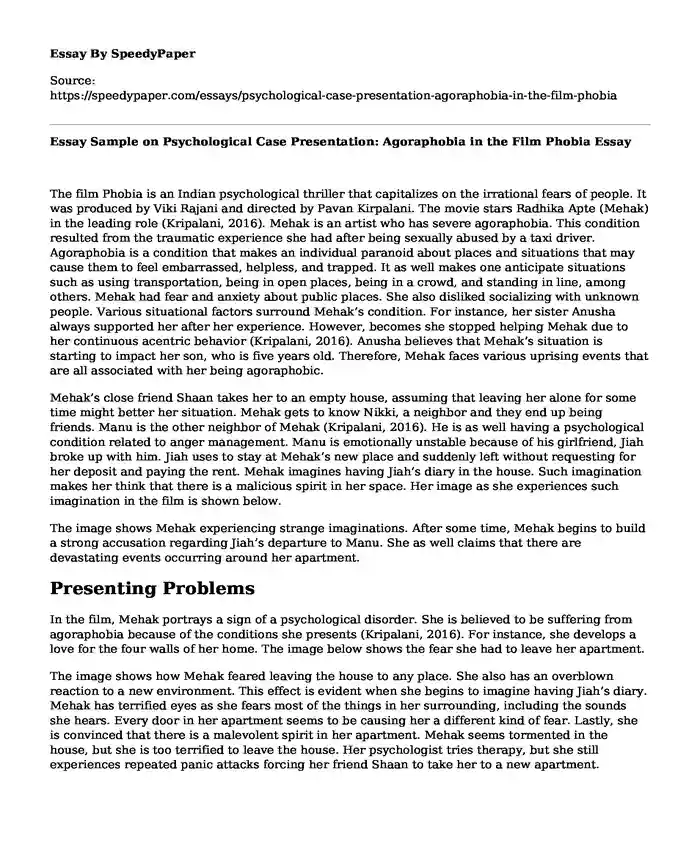 Essay Sample on Psychological Case Presentation: Agoraphobia in the Film Phobia