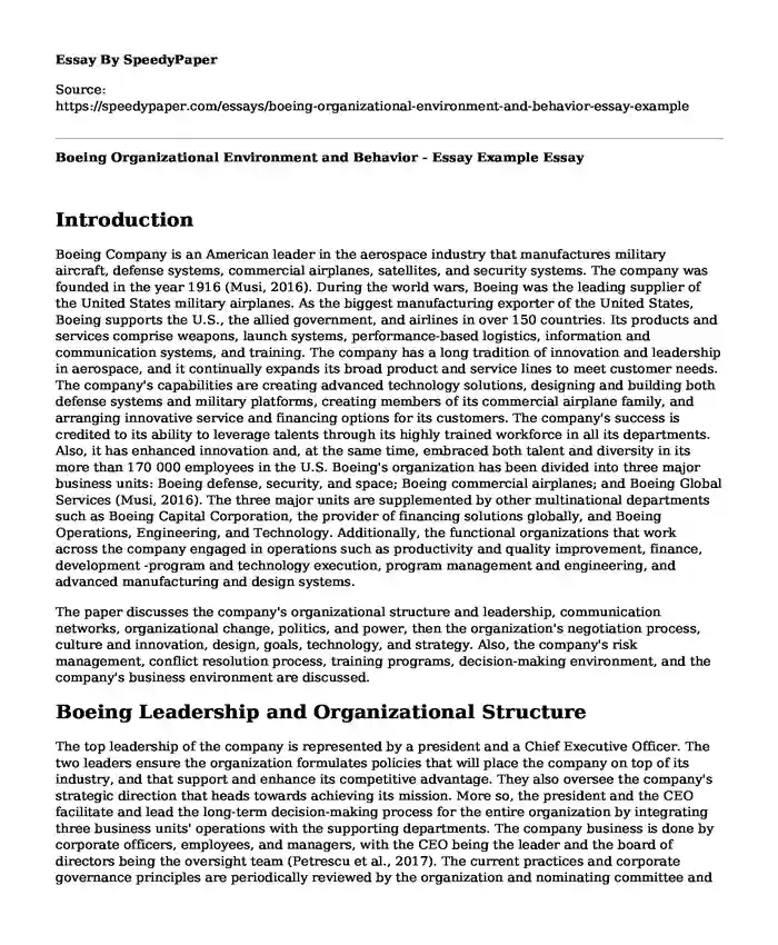 Boeing Organizational Environment and Behavior - Essay Example