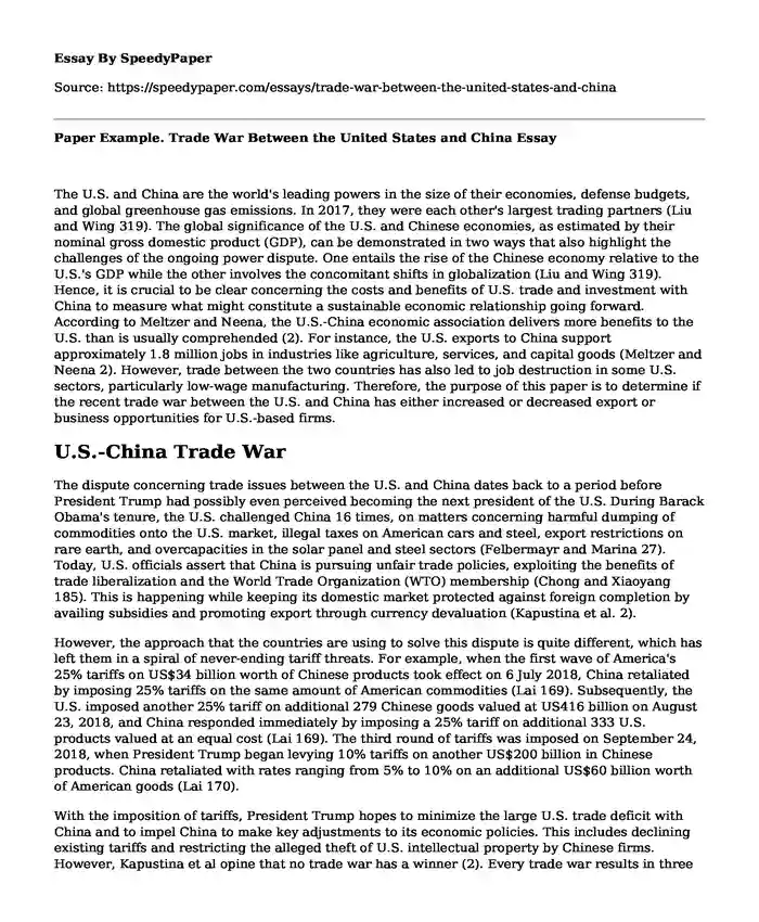 Paper Example. Trade War Between the United States and China