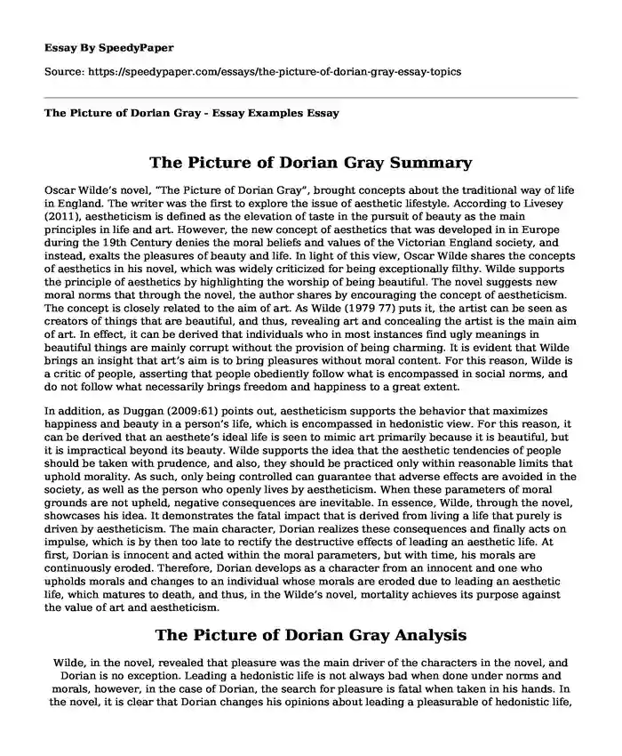 The Picture of Dorian Gray - Essay Examples