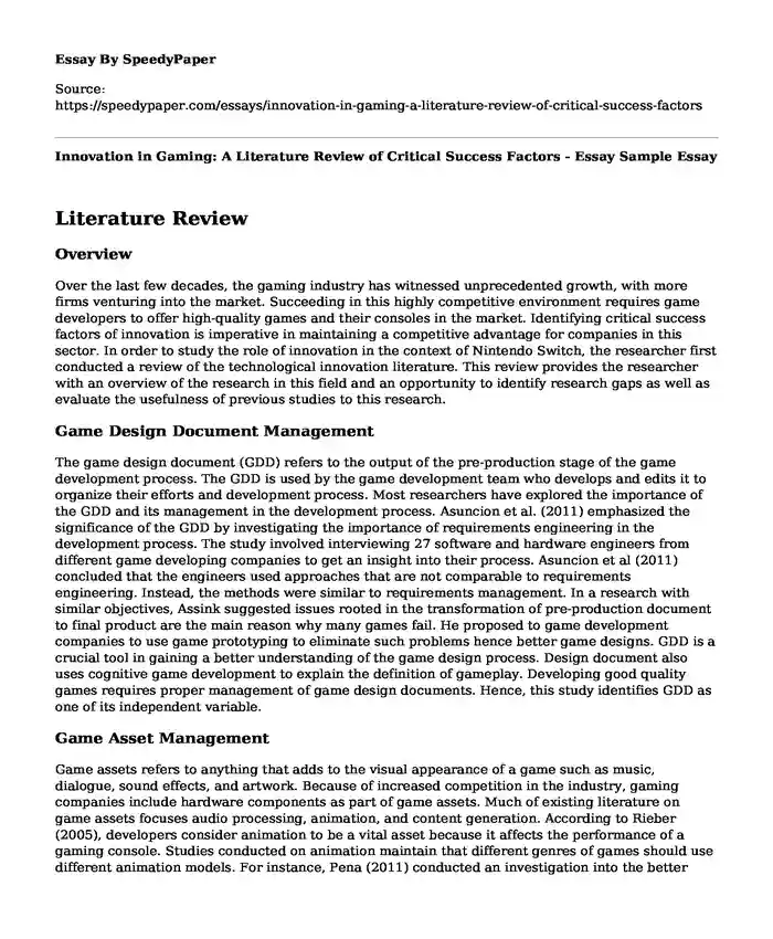 Innovation in Gaming: A Literature Review of Critical Success Factors - Essay Sample