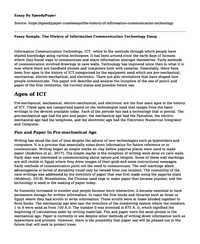 Essay Sample. The History of Information Communication Technology